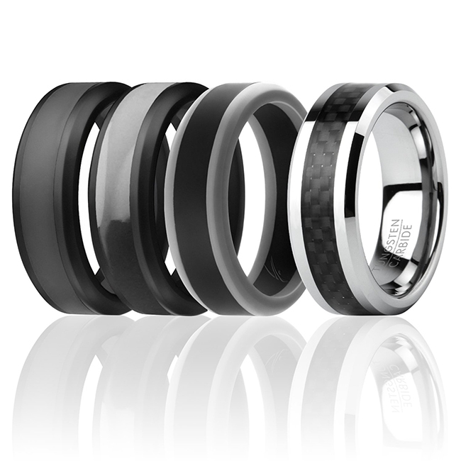 Picture of ROQ I0118045 Men Silicone Wedding Twin Carbon Ring Set&#44; Black & Grey - 4 x 7 mm Ring