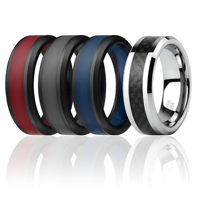 Picture of ROQ I0118055 Men Silicone Wedding Twin Carbon Ring Set, Bordeaux - 4 x 7 mm Ring