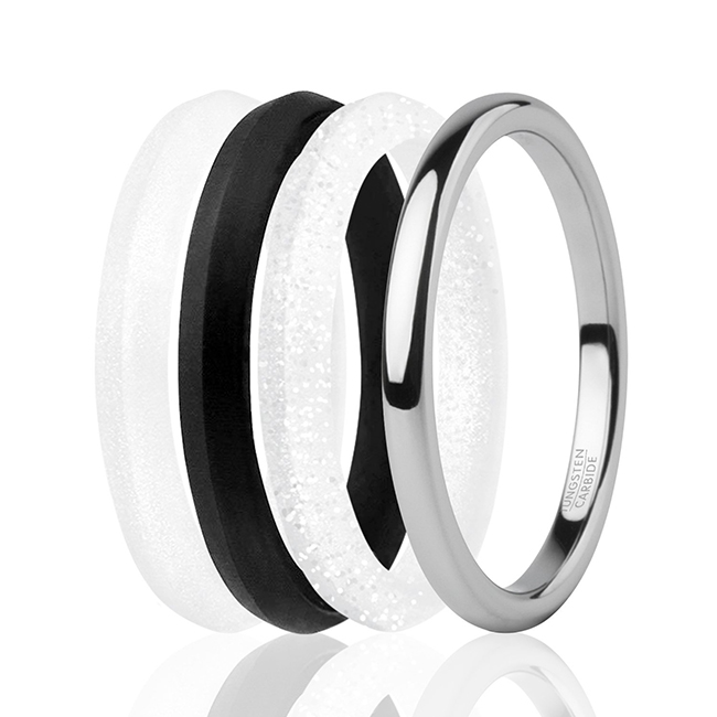 Picture of ROQ I0118066 Women Silicone Wedding Twin 2 mm Ring Set&#44; Black & White - 4 x 5 mm Ring