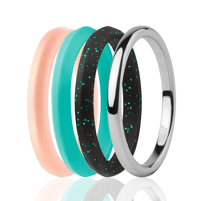 I0118073 Women Silicone Wedding Twin 2 mm Ring Set, Turquoise - 4 x 4 mm Ring
