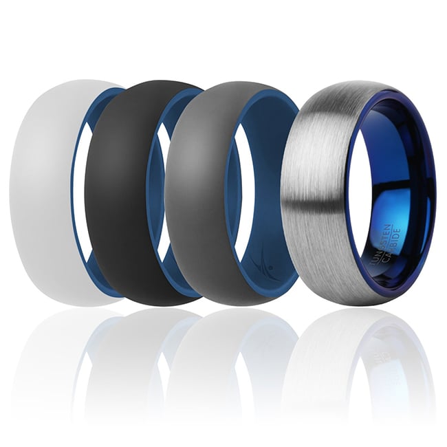 I0118169 Men Silicone Wedding Twin Dome 8 mm Ring Set, Blue - 4 x 9 mm Ring