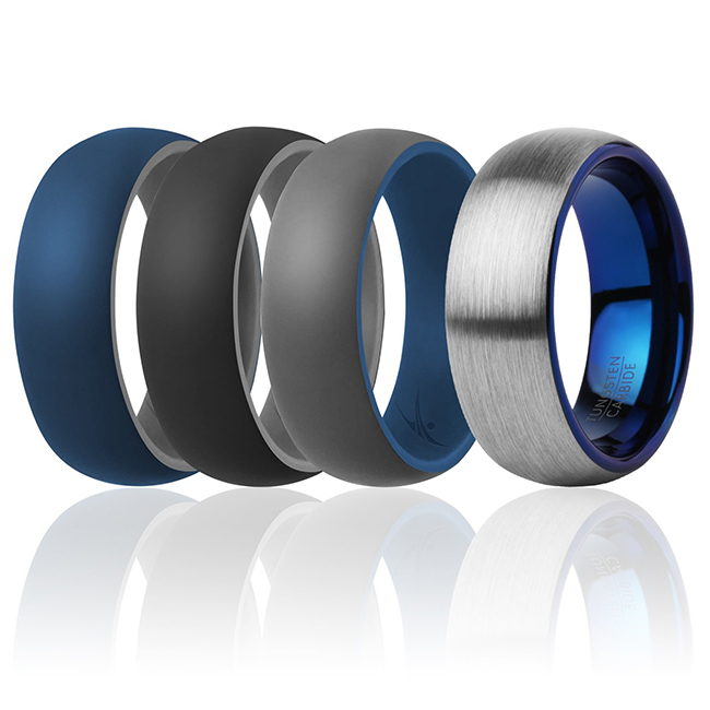 I0118183 Men Silicone Wedding Twin Dome 8 mm Ring Set, Grey - 4 x 13 mm Ring
