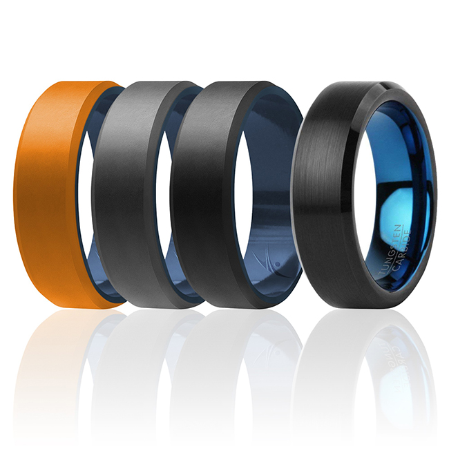 I0118192 Men Silicone Wedding Twin Beveled 8 mm Ring Set, Black - 4 x 12 mm Ring