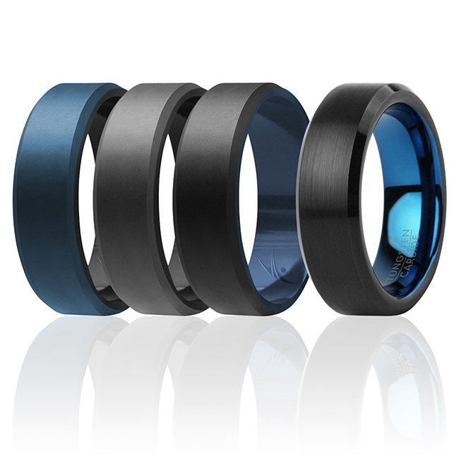 I0118202 Men Silicone Wedding Twin Beveled 8 mm Ring Set, Blue - 4 x 12 mm Ring