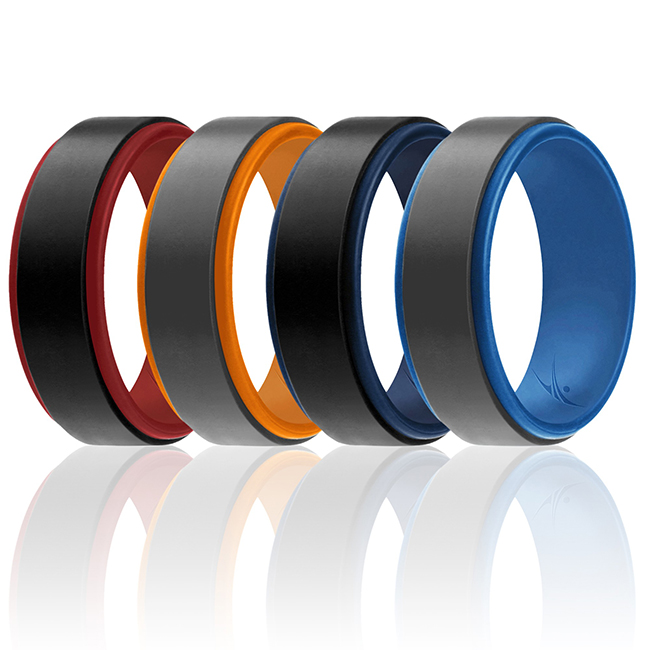 I0118222 Men Silicone Wedding 2Layer Step Ring Set, Grey & Black - 4 x 13 mm Ring
