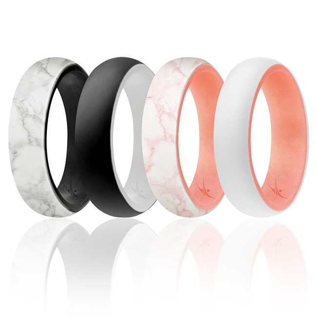 I0118251 Women Silicone Wedding 2Layer Ring Set, Rose & Marble - 4 x 8 mm Ring