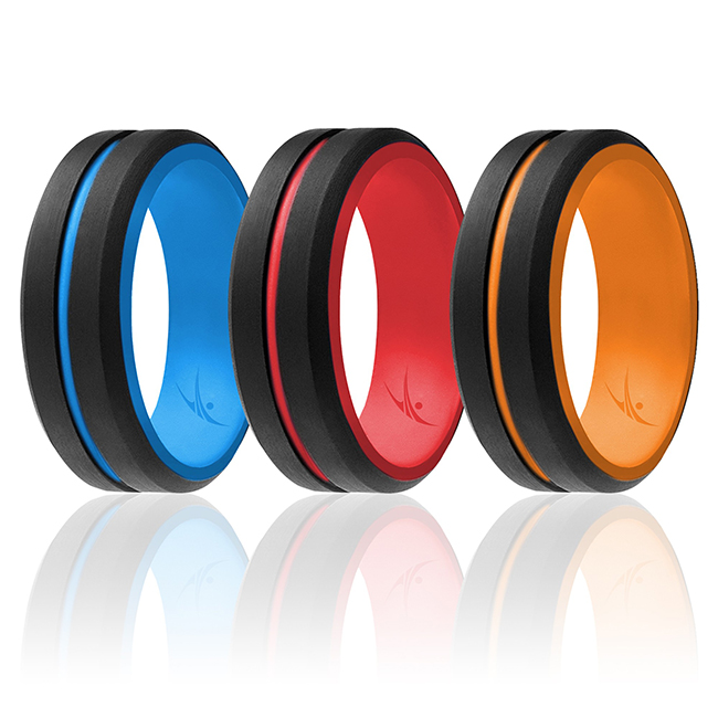 I0118257 Men Silicone Wedding 2Layer Middle Line Ring Set, Black - 3 x 9 mm Ring