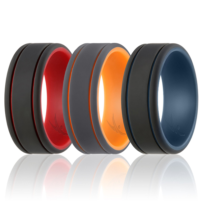 I0117777 Men Silicone Wedding 2Layer Lines Ring Set, Grey & Black - 3 x 14 mm Ring