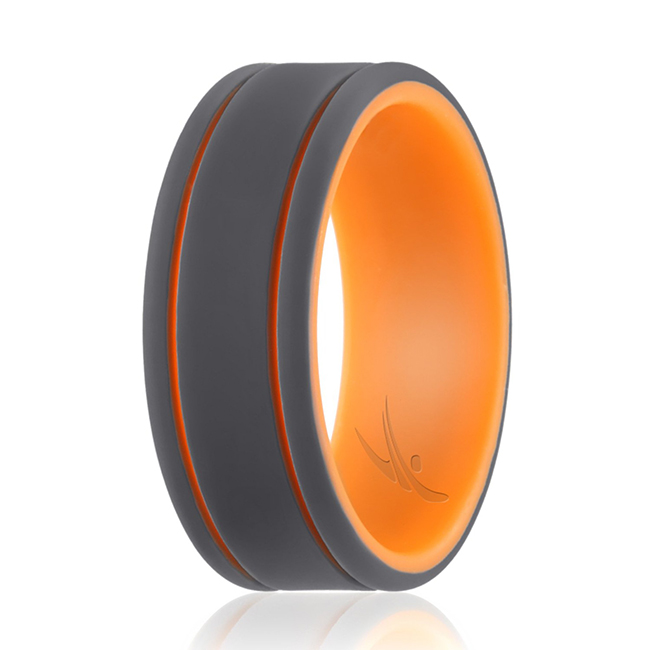 I0117784 Men Silicone Wedding 2Layer Lines Ring, Orang & Grey - 7 mm Ring
