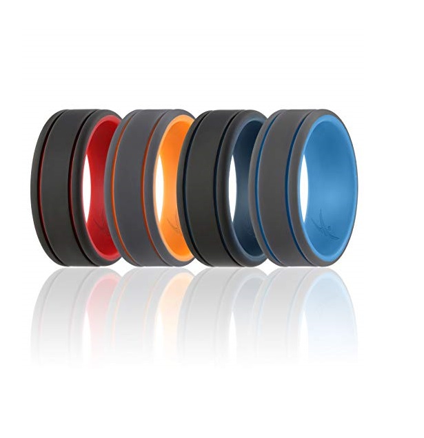 I0117818 Men Silicone Wedding 2Layer Lines Ring Set, Grey & Black - 4 x 12 mm Ring