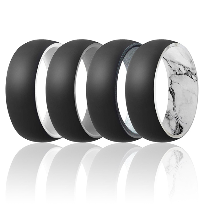 I0117832 Men Silicone Wedding 2Layer Dome Ring Set, Black & Marble - 4 x 16 mm Ring