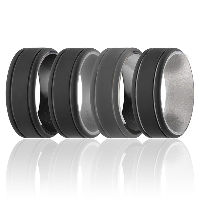 I0117841 Men Silicone Wedding 2Layer Lines Ring Set, Silver & Camo - 4 x 15 mm Ring