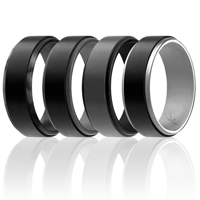 I0117856 Men Silicone Wedding 2Layer Step Ring Set, Grey & Black - 4 x 10 mm Ring