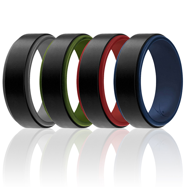 I0117872 Men Silicone Wedding 2Layer Step Ring Set, Black - 4 x 16 mm Ring