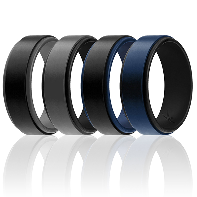 I0117879 Men Silicone Wedding 2Layer Step Ring Set, Black & Blue - 4 x 13 mm Ring