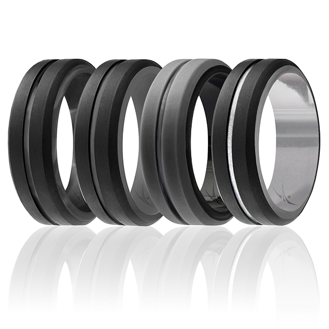 I0117908 Men Silicone Wedding 2Layer Middle Line Ring Set, Black & Camo - 4 x 12 mm Ring