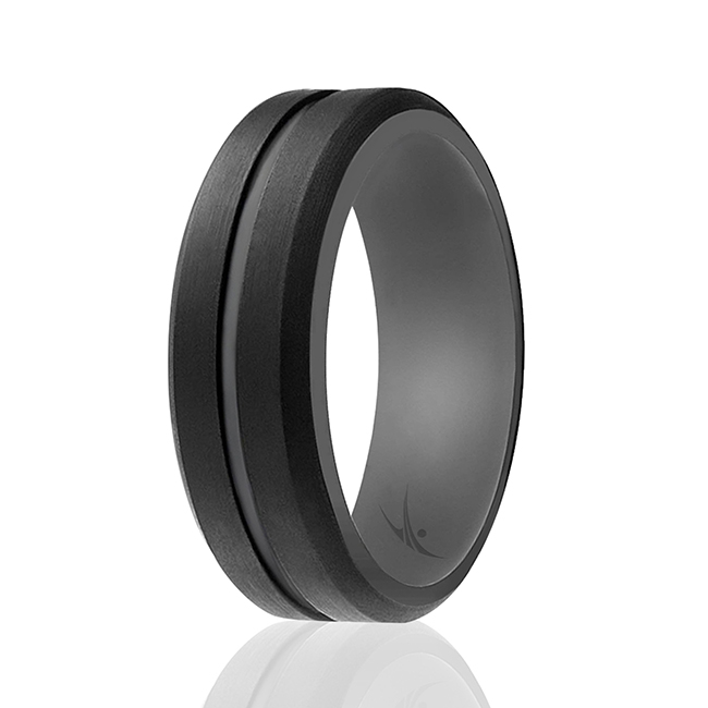 I0117935 Men Silicone Wedding 2Layer Middle Line Ring, Grey & Black - 9 mm Ring