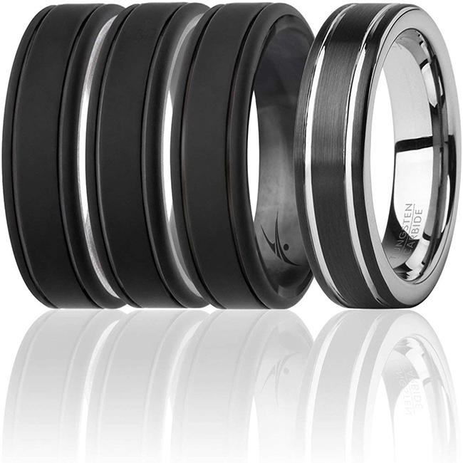 Picture of ROQ I0118012 Men Silicone Wedding Twin 2Layer Ring Set, Black - 4 x 10 mm Ring