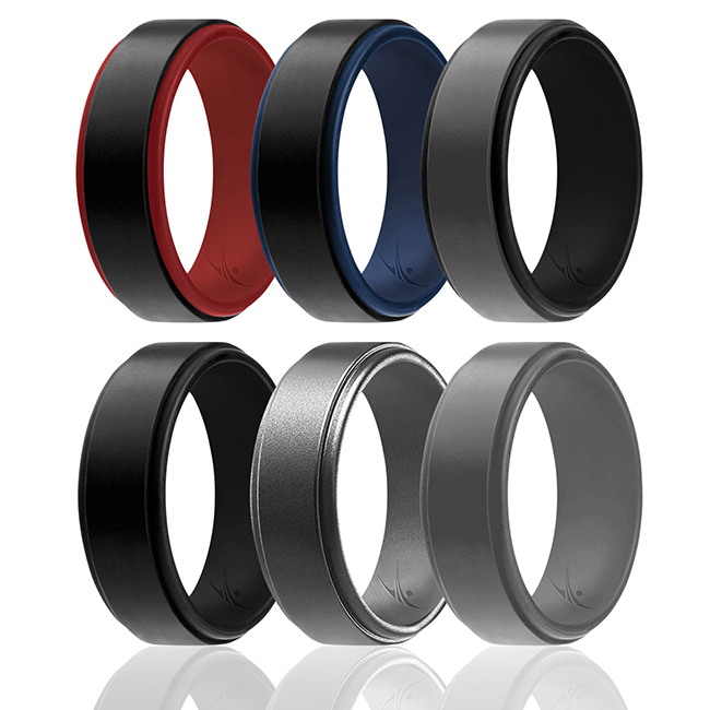 I0119287 Men Silicone Wedding 2Layer Step Ring Set, Black - 6 x 7 mm Ring