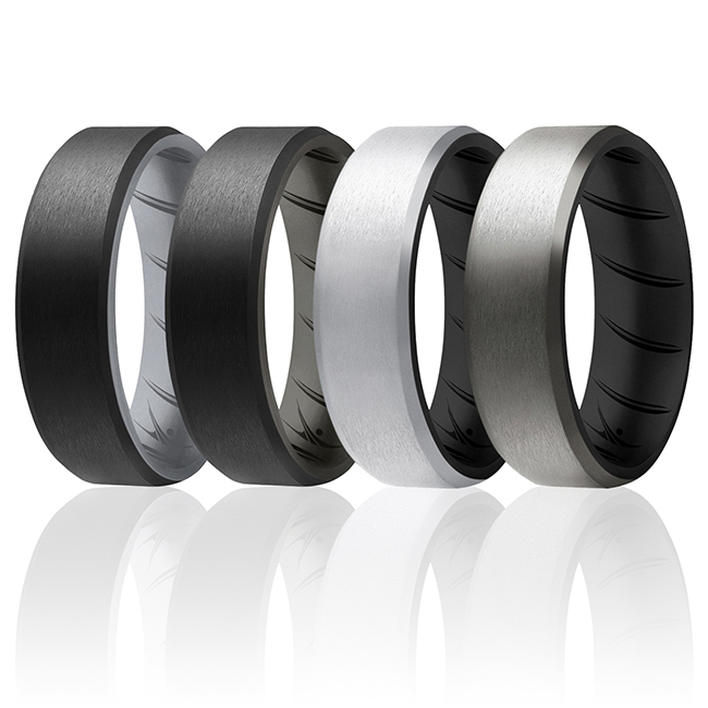 I0119343 Men Silicone Wedding BR 8 mm Edge Ring Set, Silver - 4 x 8 mm Ring
