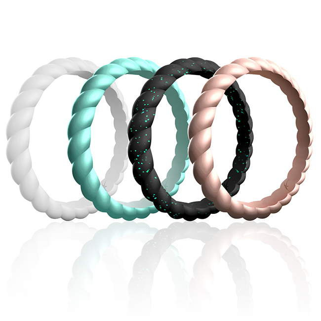 I0119403 Women Silicone Wedding Stackble Braided Ring Set, Aqua & Rose - 4 x 6 mm Ring