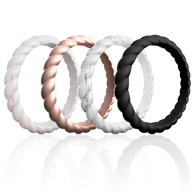 I0119421 Women Silicone Wedding Stackble Braided Ring Set, Marble - 4 x 8 mm Ring