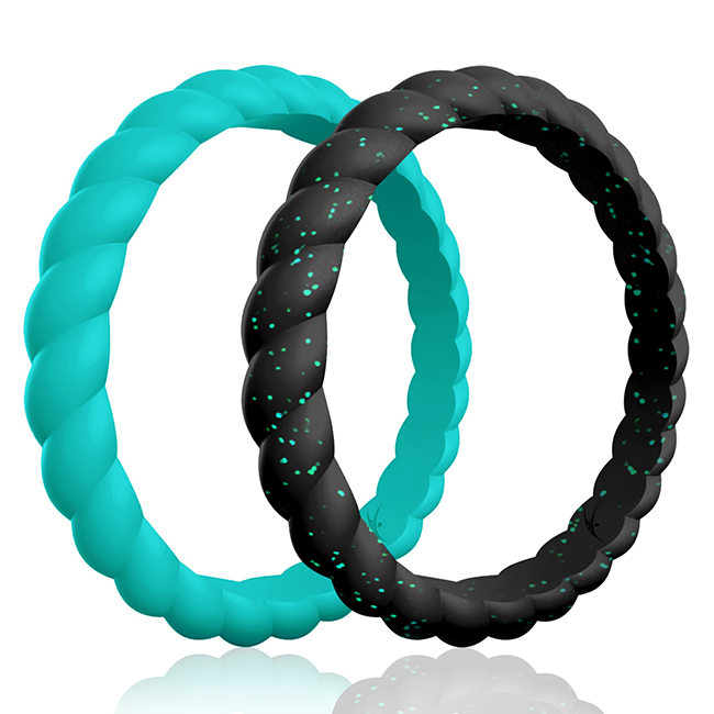 I0119449 Women Silicone Wedding Stackble Braided Ring Set, Turquoise - 2 x 4 mm Ring