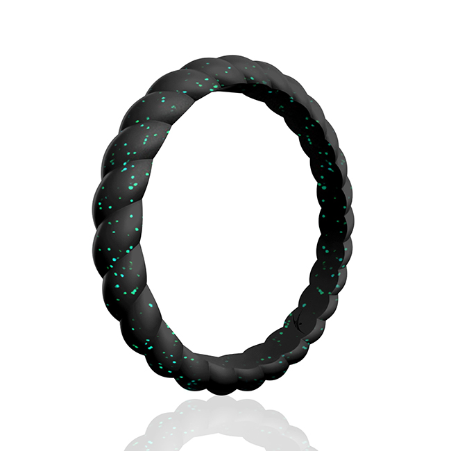 I0119459 Women Silicone Wedding Stackble Braided Single Ring, Black & Turquoise - 6 mm Ring