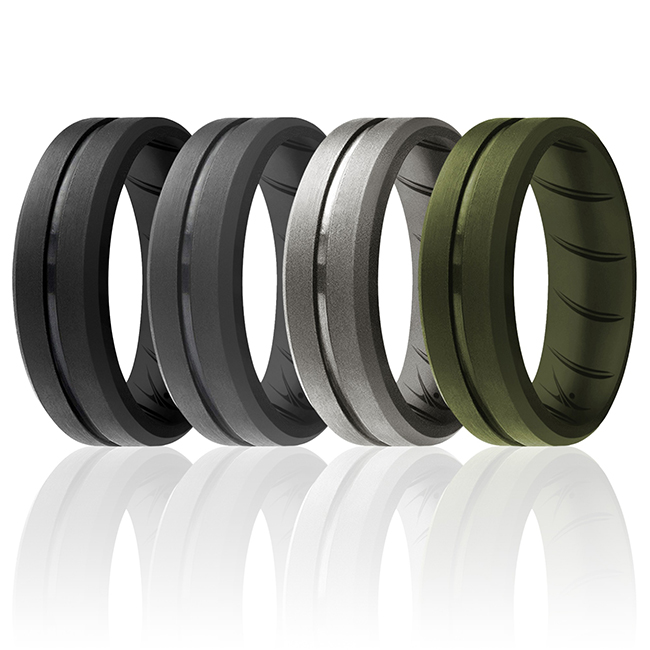 I0119600 Men Silicone Wedding BR Middle Line Ring Set, Basic & Green - 4 x 16 mm Ring