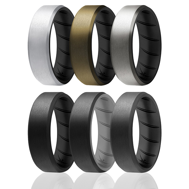 I0119619 Men Silicone Wedding BR 8 mm Edge Ring Set, Black - 6 x 15 mm Ring