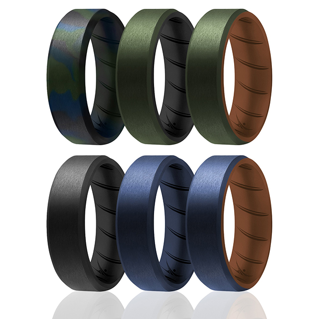 I0119629 Men Silicone Wedding BR 8 mm Edge Ring Set, Brown - 6 x 14 mm Ring