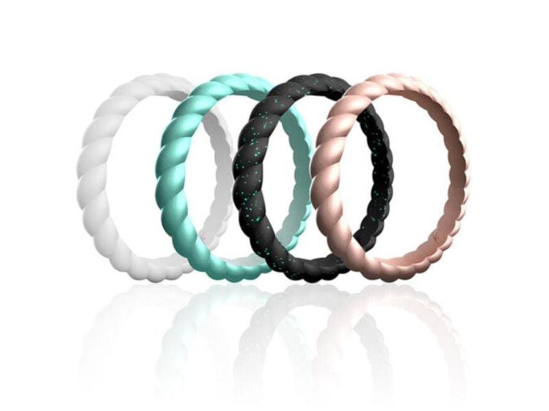 I0119433 2 x 4 mm Womens Silicone Wedding Stackble Braided Ring Set, Rose & Black