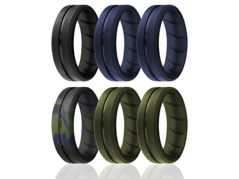 I0119585 6 x 11 mm Mens Silicone Wedding BR Middle Line Ring Set, Olive