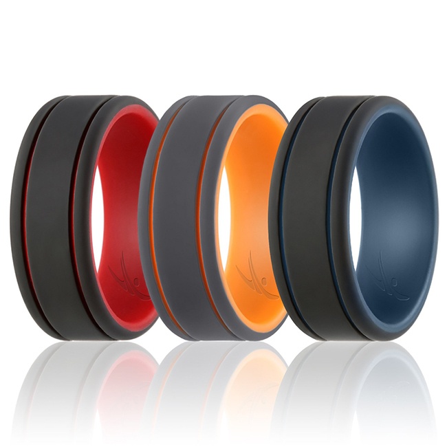 I0117820 4 x 14 mm Mens Silicone Wedding 2Layer Lines Ring Set, Grey & Black