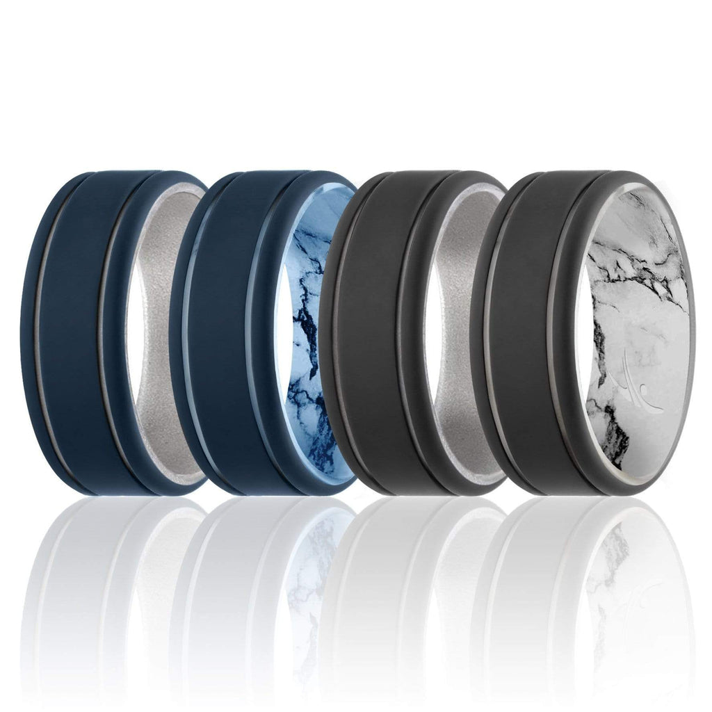 I0117850 4 x 14 mm Mens Silicone Wedding 2Layer Lines Ring Set, Marble