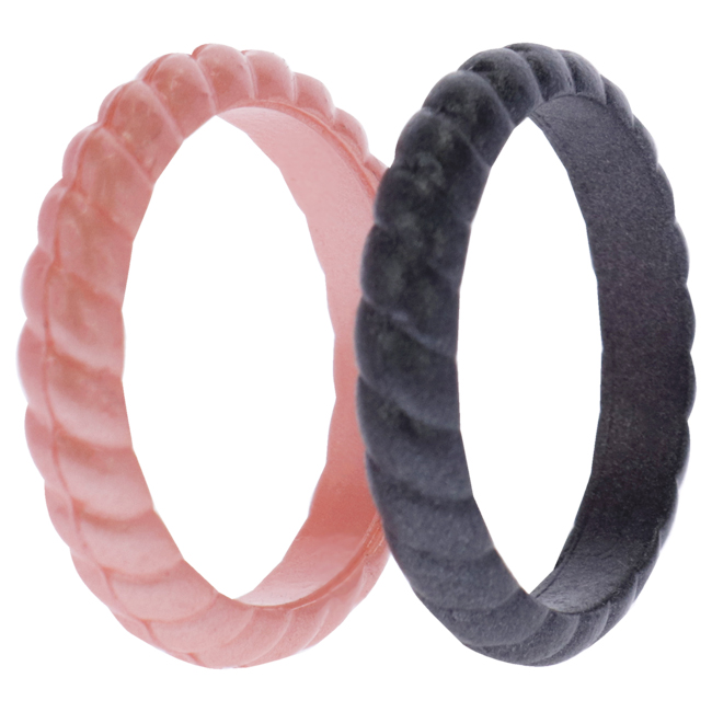I0119435 2 x 6 mm Silicone Wedding Stackble Braided Ring Set for Womens, Rose & Black