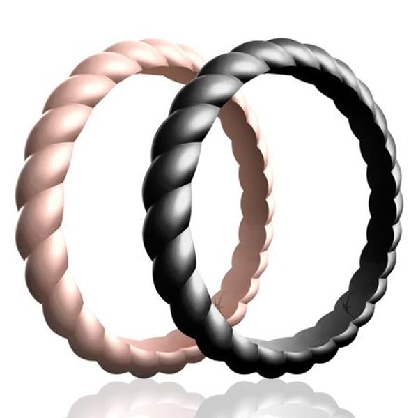 I0119438 2 x 9 mm Silicone Wedding Stackble Braided Ring Set for Women, Rose & Black