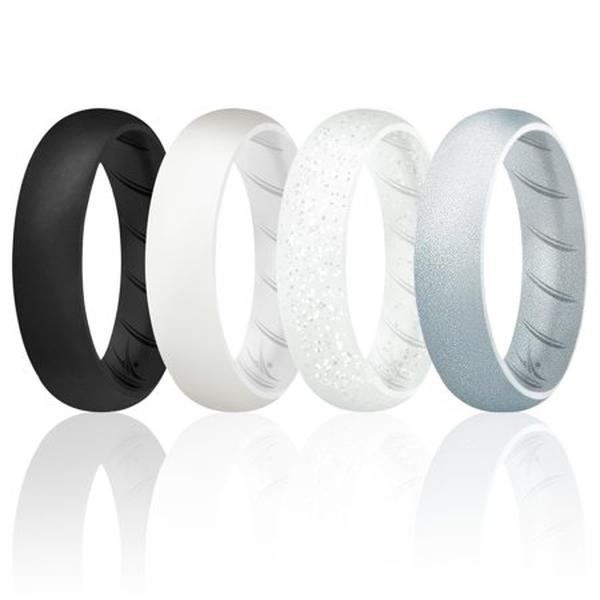 I0118929 4 x 10 mm Silicone Wedding BR Solid Ring Set for Women, Black & White