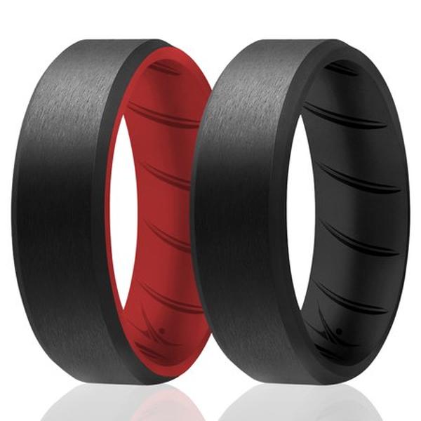 I0118547 2 x 8 mm Silicone Wedding BR 8 mm Edge Ring Set for Men, Black & Red