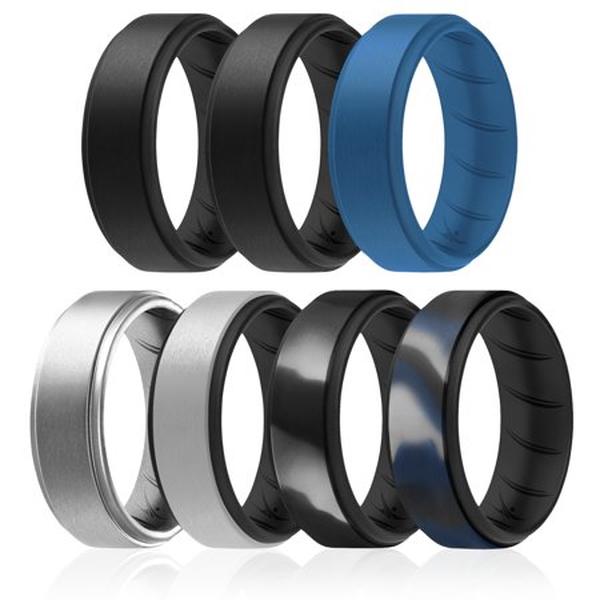 I0118330 7 x 11 mm Silicone Wedding BR Step Ring Set for Men, Metal