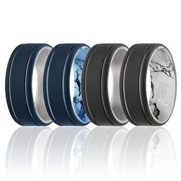 I0117847 4 x 11 mm Silicone Wedding 2Layer Lines Ring Set for Men, Marble
