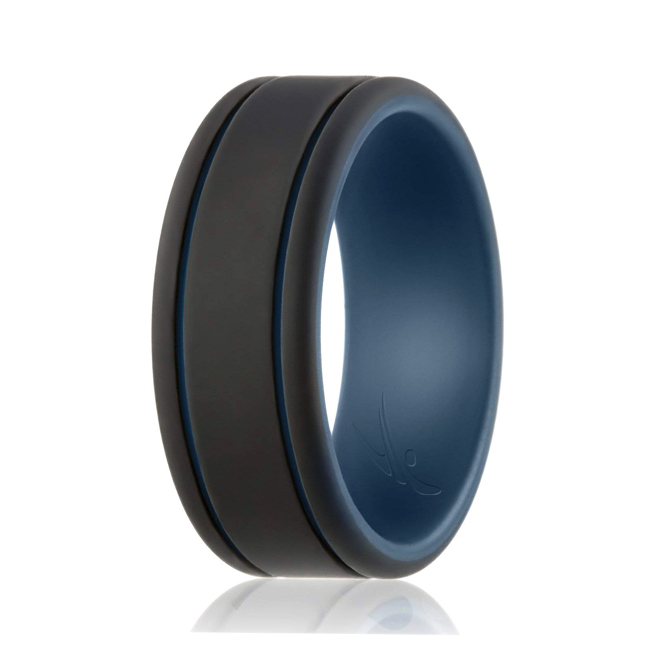 I0108737 7 mm Silicone Wedding Ring - Duo Collection 2 Thin Lines for Men, Blue & Black