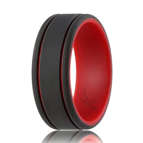 I0117794 9 mm Silicone Wedding 2Layer Lines Ring for Men, Red & Black