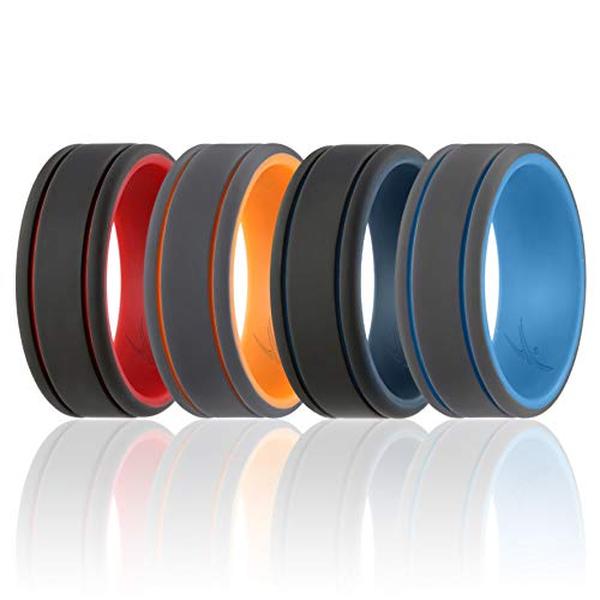 I0117821 4 x 15 mm Silicone Wedding 2Layer Lines Ring Set for Men, Grey & Black