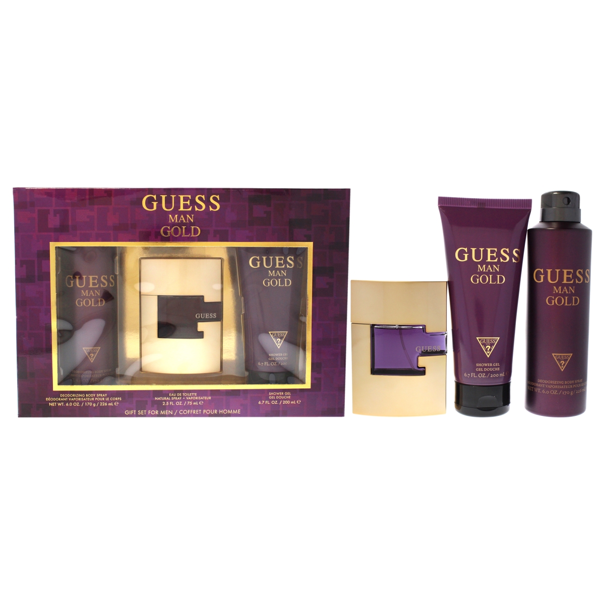 I0115722 2.5 oz EDT Spray, 6.0 oz Deodorizing Body Spray, 6.7 oz Shower Gel  Gold Men Gift Set - 3 Piece