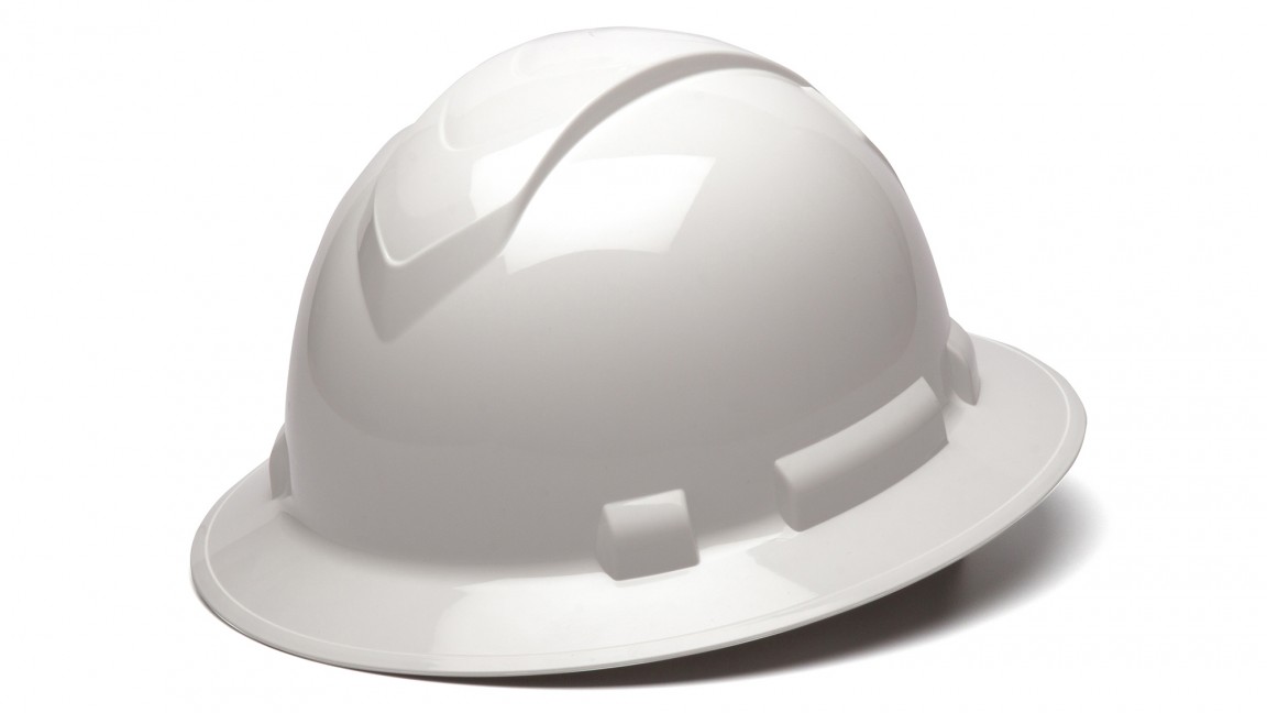 Ridgeline Hard Hat - White - Full Brim - 4 Point Ratchet Suspension - Durable Design