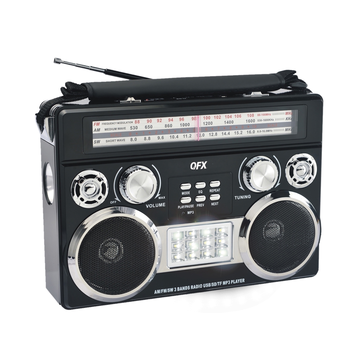 R-333BT BLACK Retro AM & FM SW Radio with Bluetooth Flashlight & Flood Light, Black -  QFX