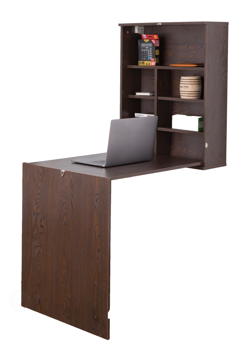 Picture of Basicwise QI003558.B 59.5 x 23.5 x 34.25 in. Wall Mount Laptop Fold-out Desk with Shelves&#44; Brown - Rectangle
