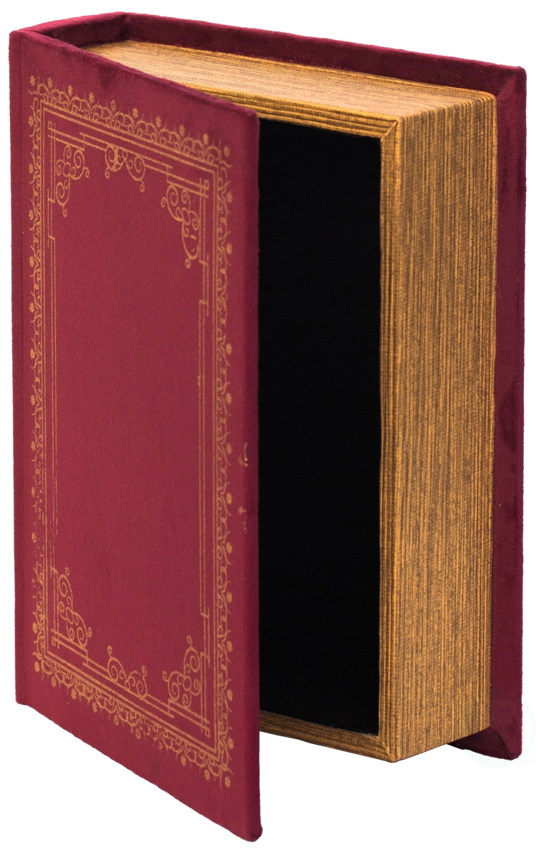 Vintage Book Shaped Trinket Storage Box - Red - 9 x 7 x 2 in. - Velvet Exterior