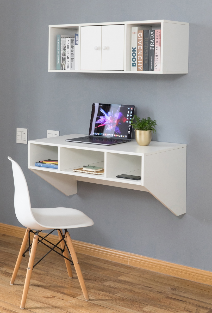Picture of Basicwise QI003675W.2 17.5 x 35.5 x 19 in. Wall Mounted Office Computer Desk & Floating Hutch Cabinet&#44; White - Rectangle